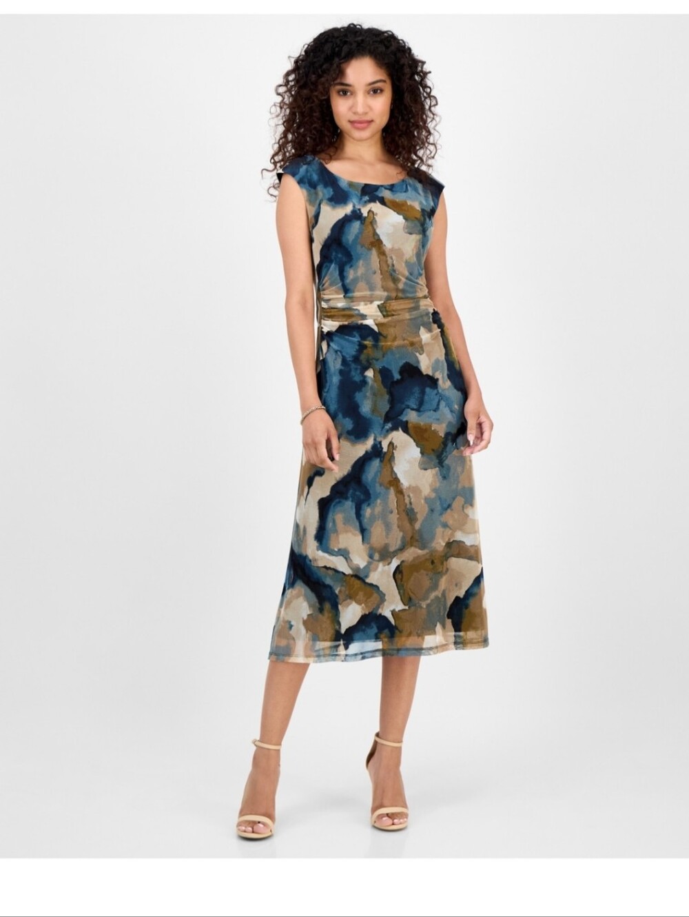 Connected Apparel NWT 8P Abstract Chiffon Mesh Midi Dress Blue Tan Sleeveless